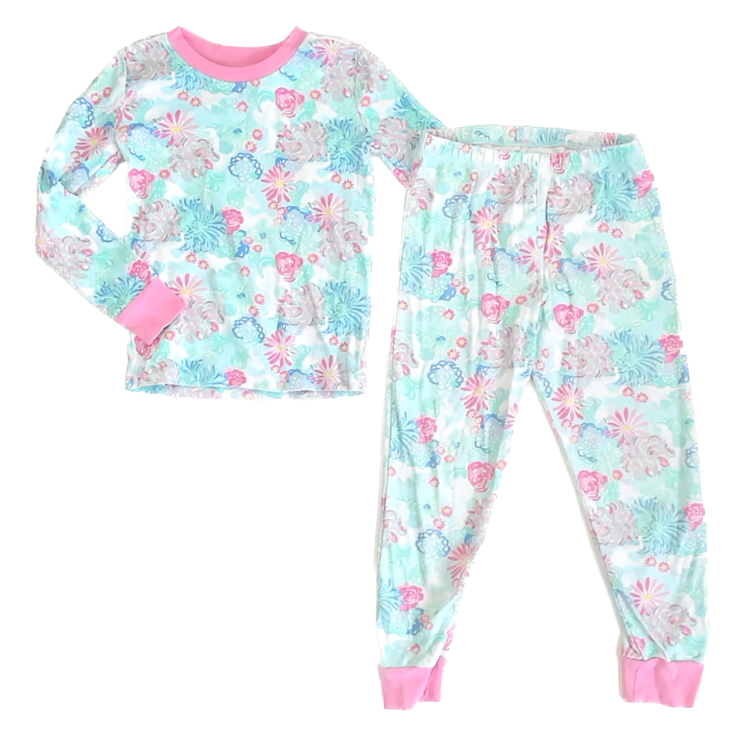 Lilly Pulitzer Girls Aqua Patterned 2-piece Pajamas Size: 6 Years Aqua Patterned