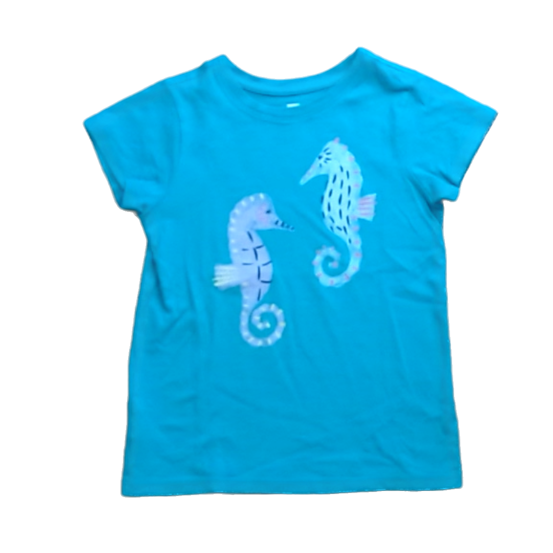 Tea Collection Girls Aqua | Seahorses Short Sleeve Shirt Size: 6 Years Aqua | Seahorses