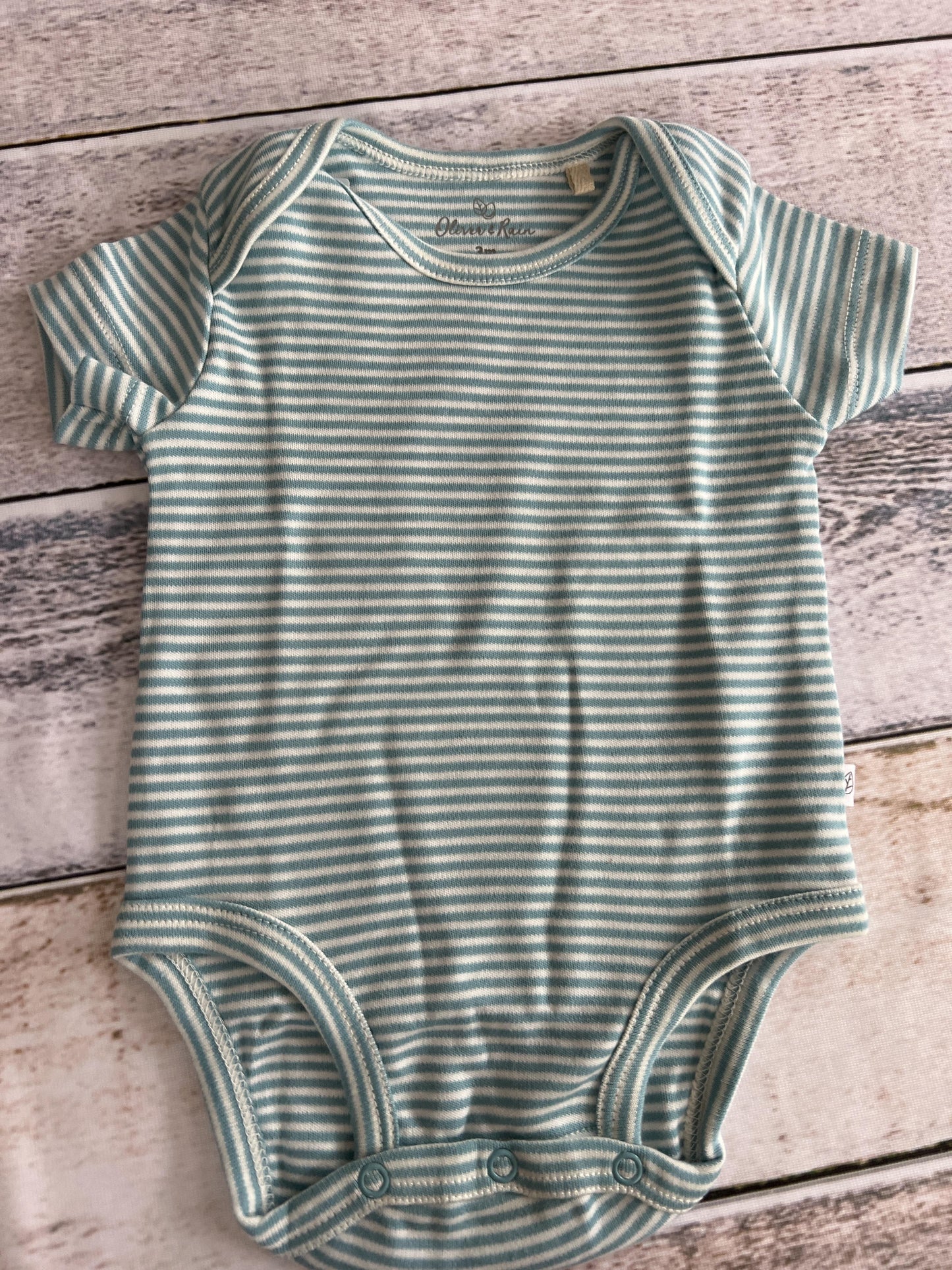 Oliver & Rain Unisex Aqua | White | Stripe Onesie Size: 3 months Aqua | White | Stripe