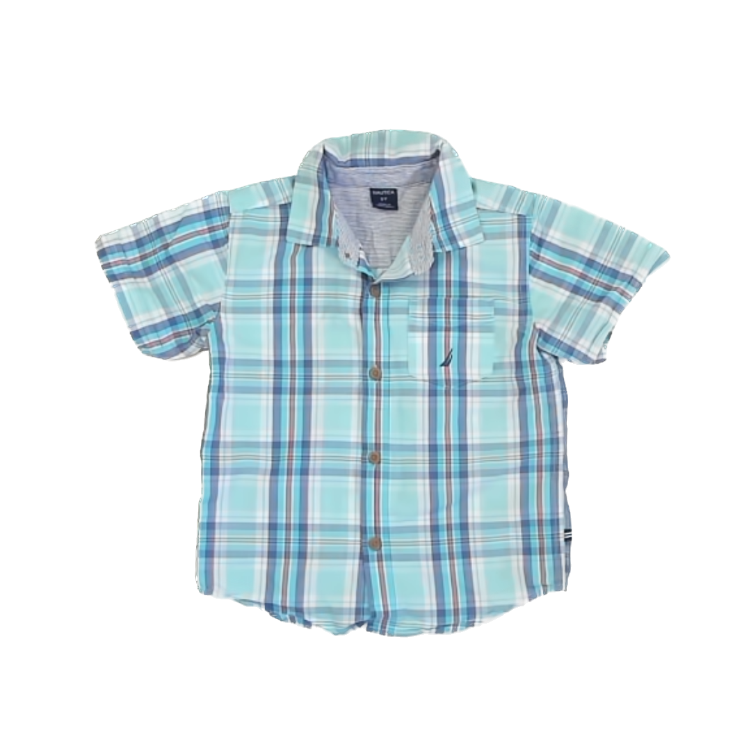 Nautica Boys Aqua Button Down Short Sleeve Size: 3T Aqua