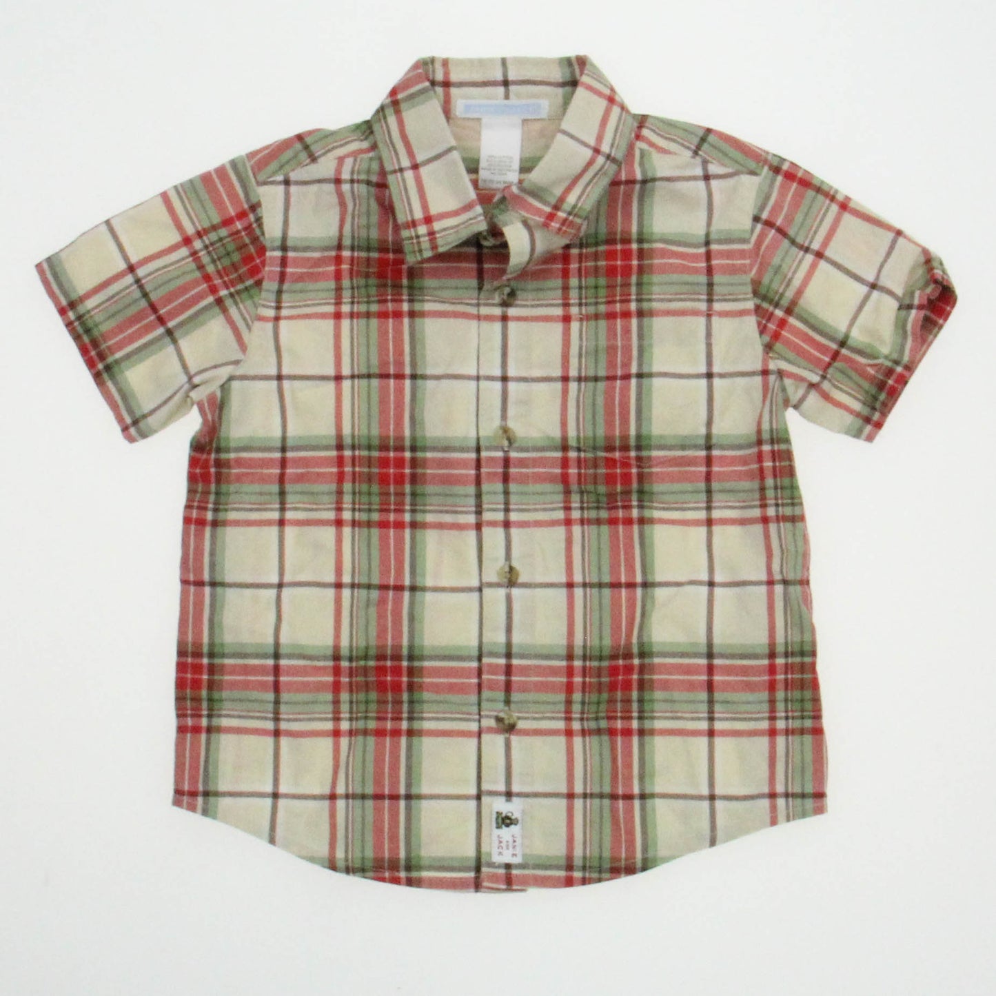 Janie and Jack Boys Beige | Red | Green | Plaid Button Down Short Sleeve Size: 18-24 Months Beige | Red | Green | Plaid