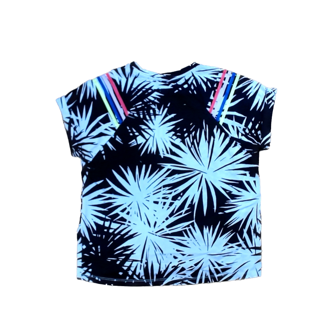 Rockets Of Awesome Girls Black and White Palm Leaves | Rainbow Stripes Short Sleeve Shirt Size: 10 Years Black and White Palm Leaves | Rainbow Stripes
