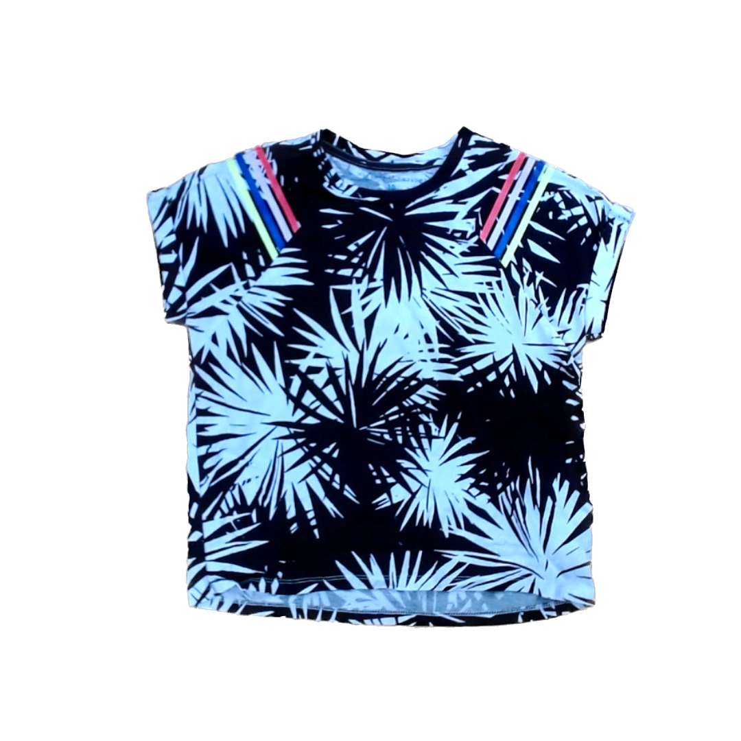 Rockets Of Awesome Girls Black and White Palm Leaves | Rainbow Stripes Short Sleeve Shirt Size: 10 Years Black and White Palm Leaves | Rainbow Stripes