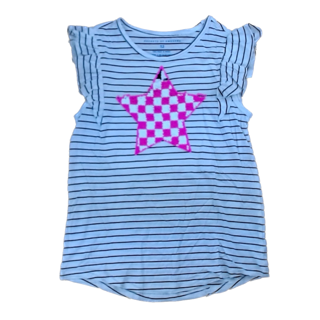 Rockets Of Awesome Girls Black and White Stripe | Pink Sequin Design Tank Top Size: 10-12 Years Black and White Stripe | Pink Sequin Design