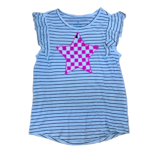 Rockets Of Awesome Girls Black and White Stripe | Pink Sequin Design Tank Top Size: 10-12 Years Black and White Stripe | Pink Sequin Design
