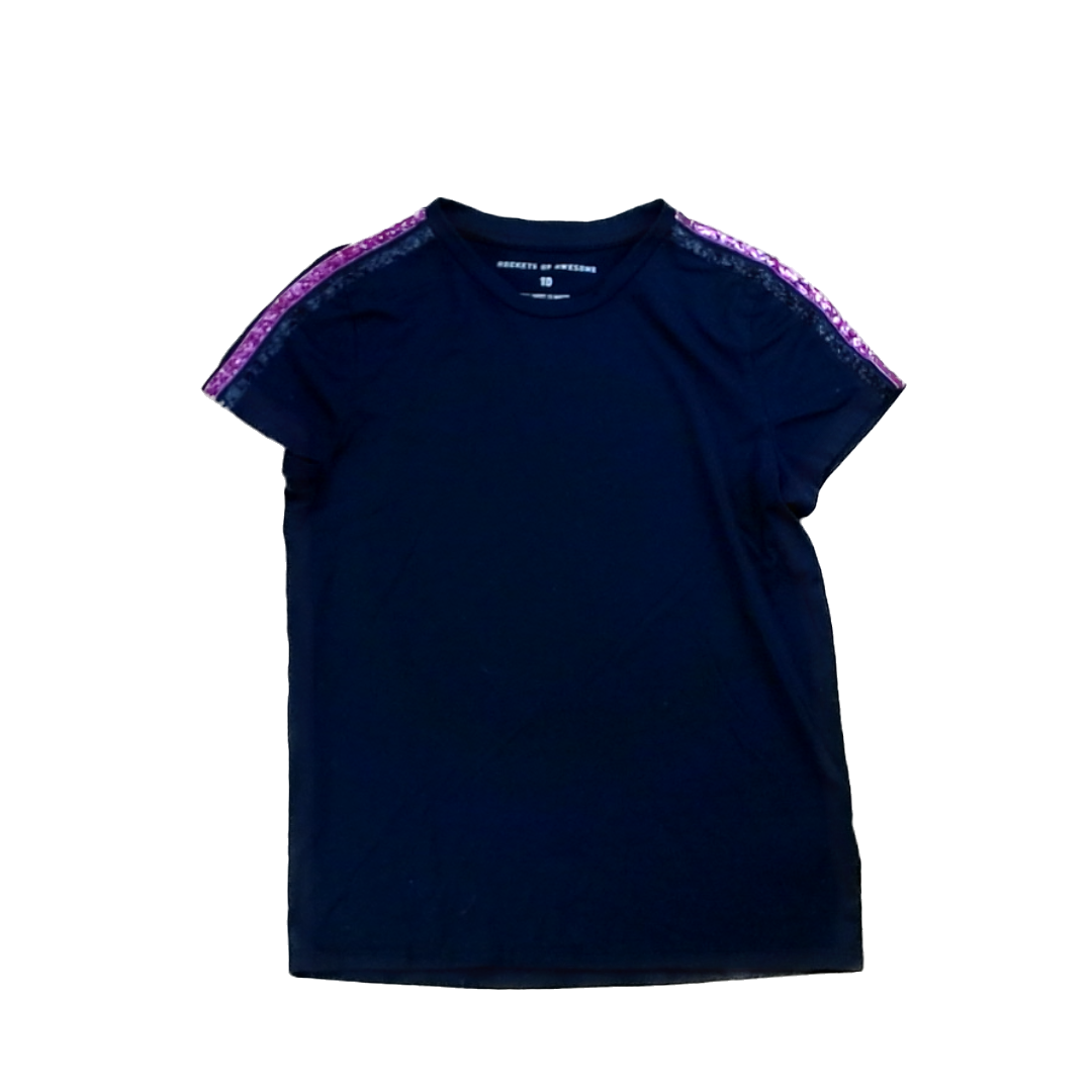 Rockets Of Awesome Girls Black | Pink Glitter Shoulder Stripes Short Sleeve Shirt Size: 10 Years Black | Pink Glitter Shoulder Stripes