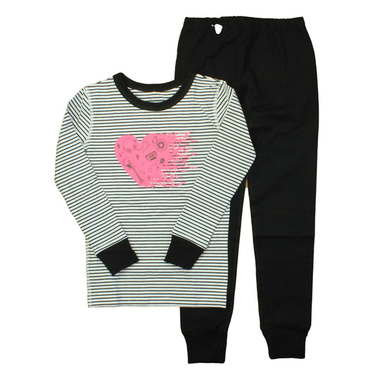 Mightly Girls Black | White | Stripes | Pink Heart 2-piece Pajamas Size: Big Girl Black | White | Stripes | Pink Heart