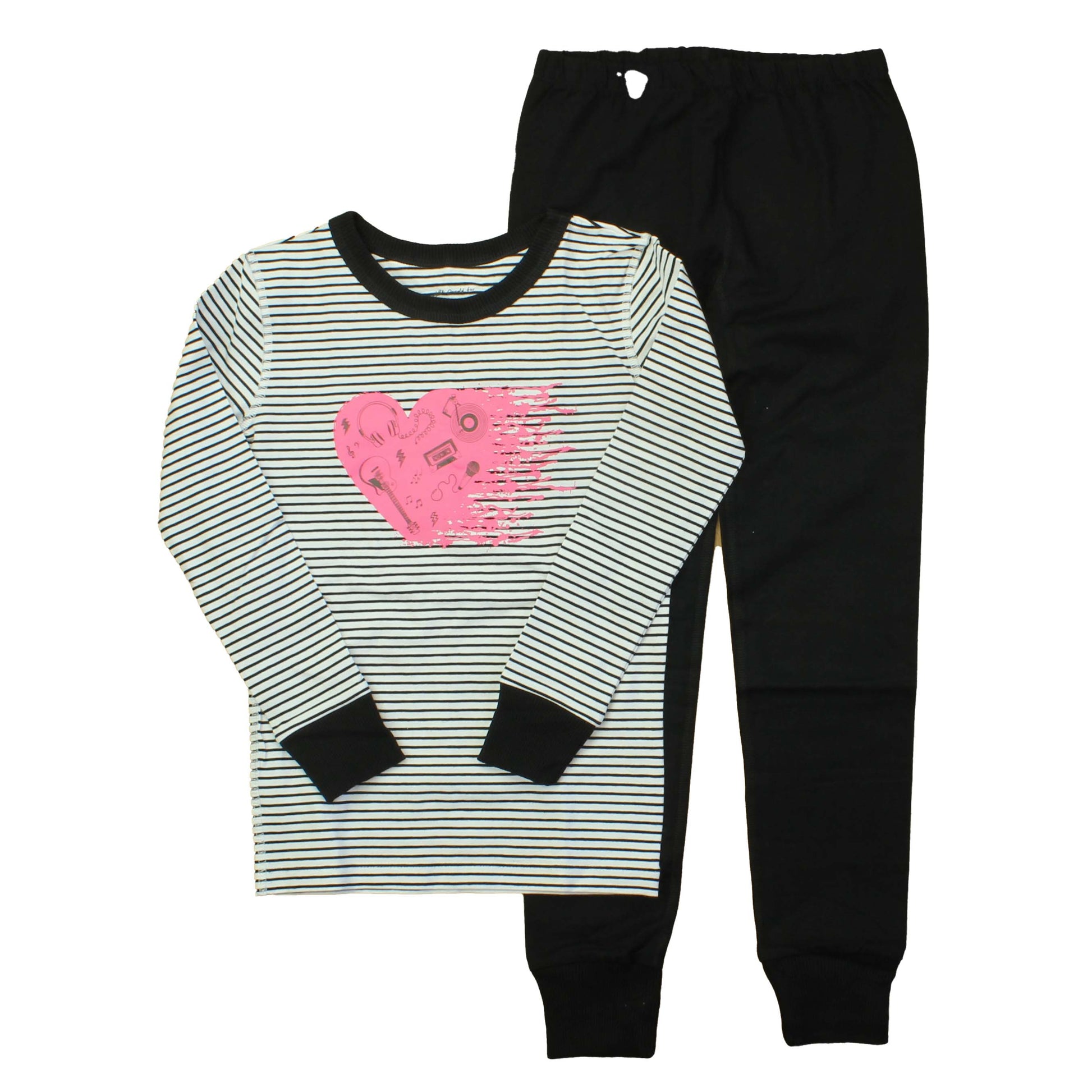 Mightly Girls Black | White | Stripes | Pink Heart 2-piece Pajamas Size: Big Girl Black | White | Stripes | Pink Heart