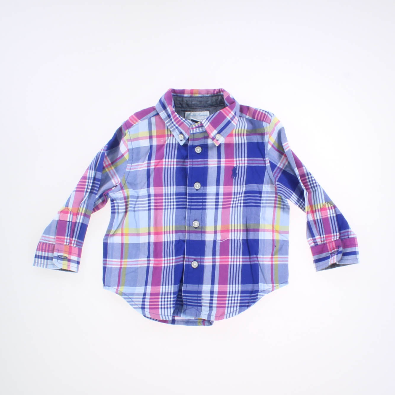 Ralph Lauren Boys Blue and Pink Plaid Button Down Long Sleeve Size: 12 Months Blue and Pink Plaid
