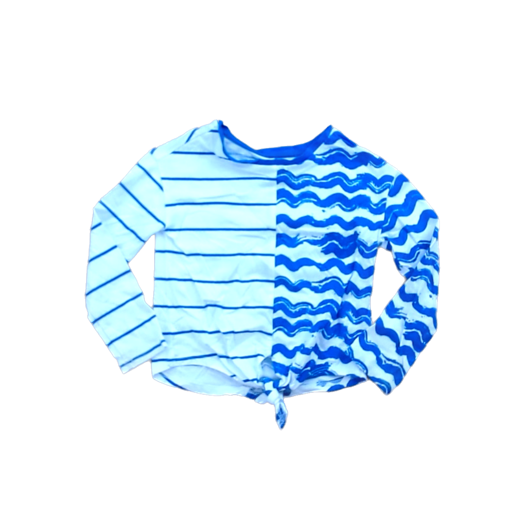 Rockets Of Awesome Girls Blue and White Stripe and Wave Long Sleeve T-Shirt Size: 3T Blue and White Stripe and Wave