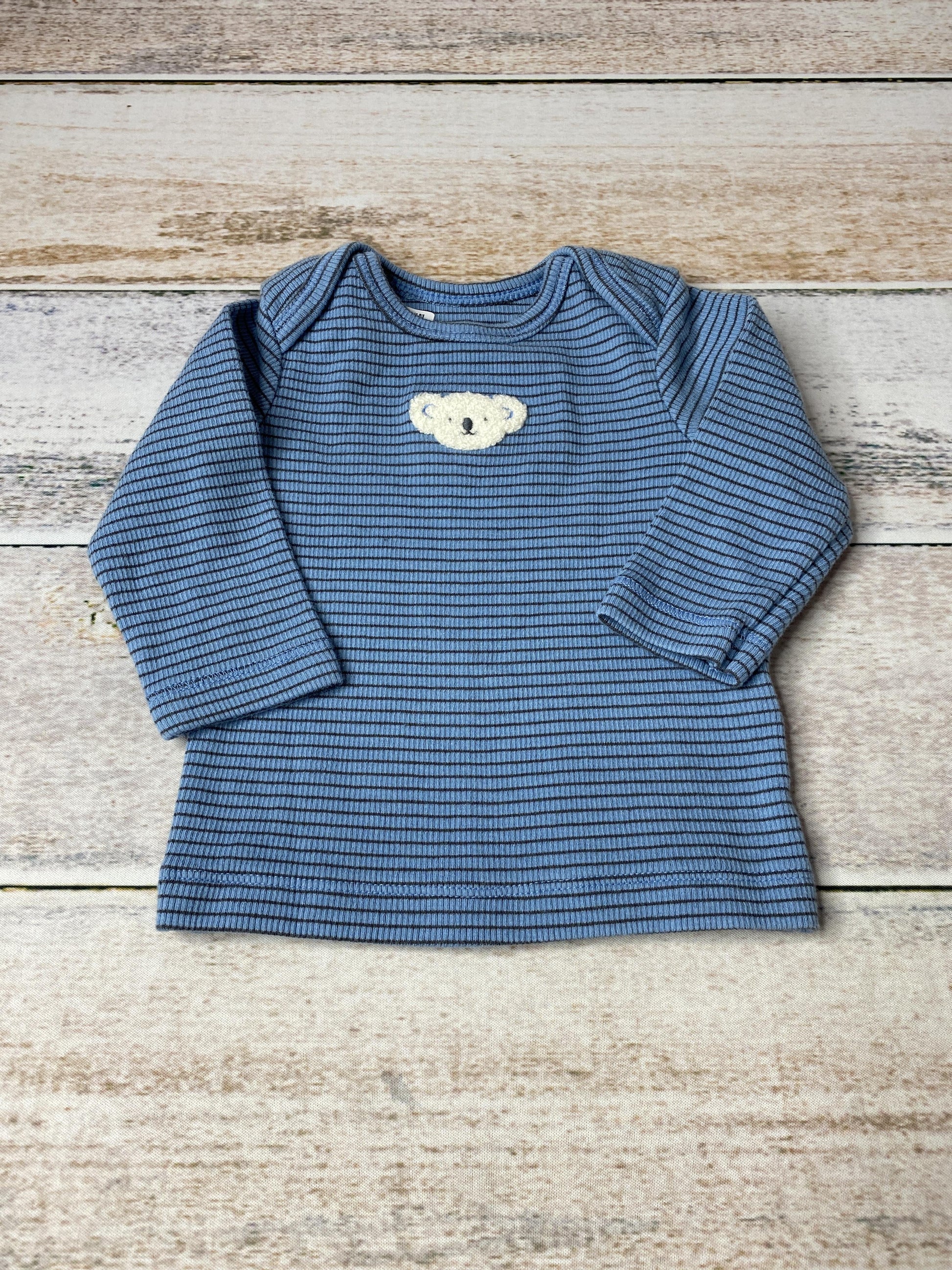 Boys Blue | Black | Stripe | Bear Long Sleeve Shirt Size: 3 months Blue | Black | Stripe | Bear