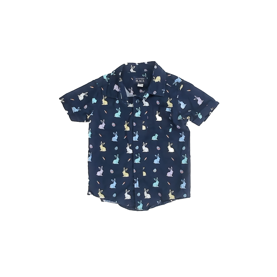 Children's Place Boys Blue Bunnies Button Down Short Sleeve Size: 3T Blue Bunnies
