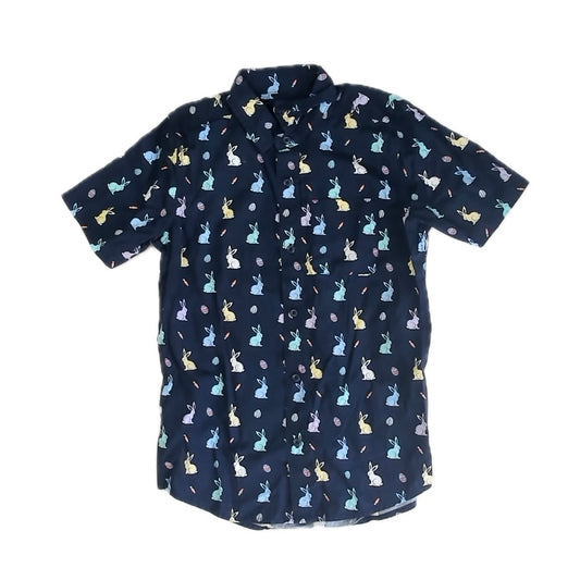 The Children's Place Boys Blue Bunnies Button Down Short Sleeve Size: 10-12 Years Blue Bunnies