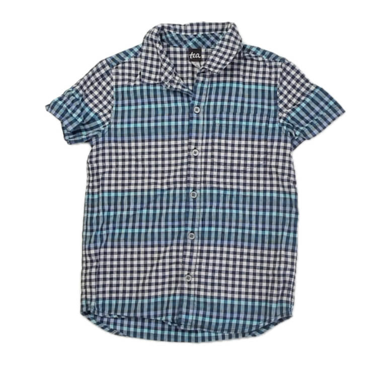 Tea Collection Boys Blue Check Button Down Short Sleeve Size: 10 Years Blue Check