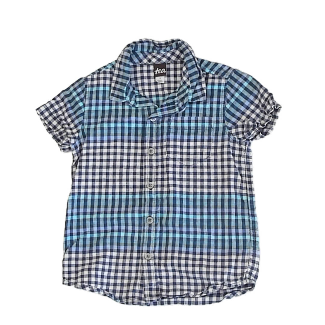 Tea Collection Boys Blue Check Button Down Short Sleeve Size: 5T Blue Check