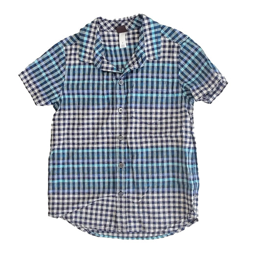 Tea Collection Boys Blue Check Button Down Short Sleeve Size: 7 Years Blue Check