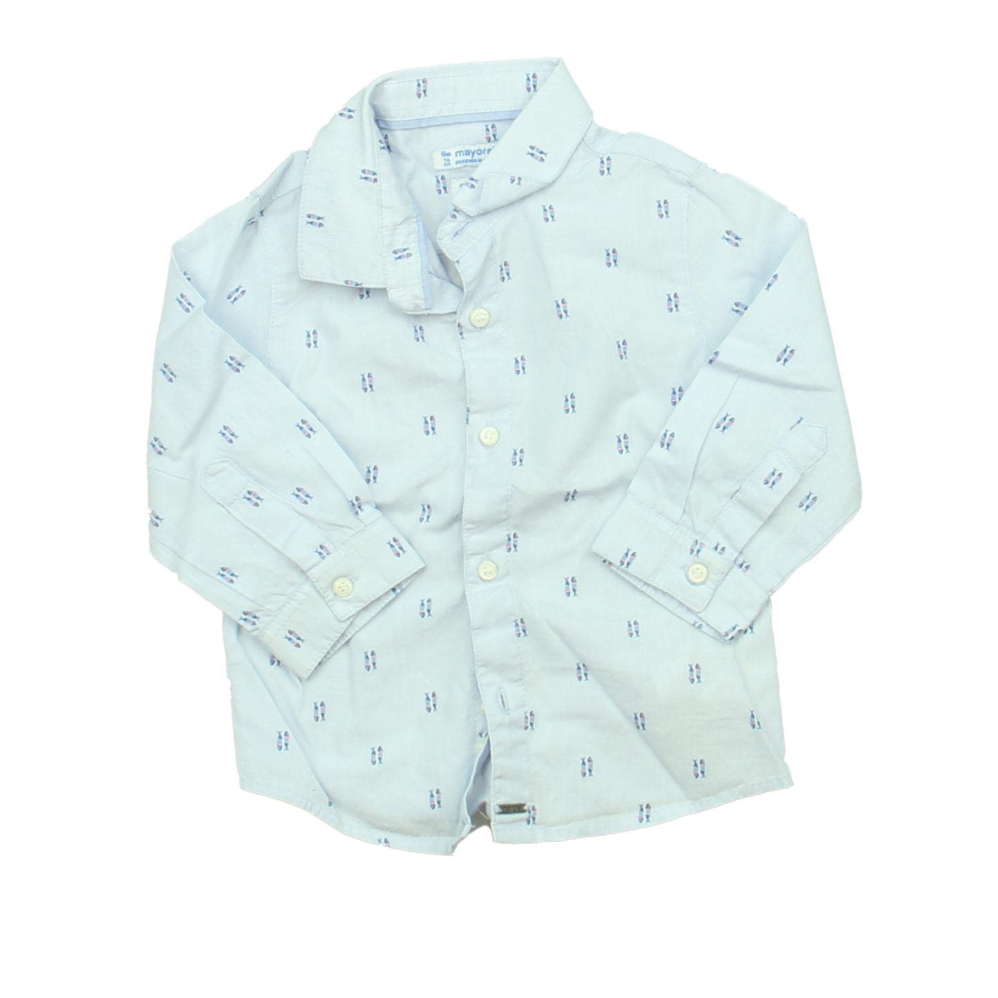 Mayoral Boys Blue Fish Button Down Long Sleeve Size: 9 Months Blue Fish