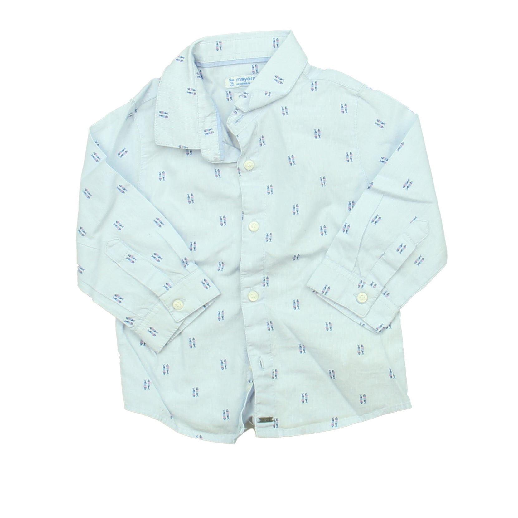 Mayoral Boys Blue Fish Button Down Long Sleeve Size: 9 Months Blue Fish