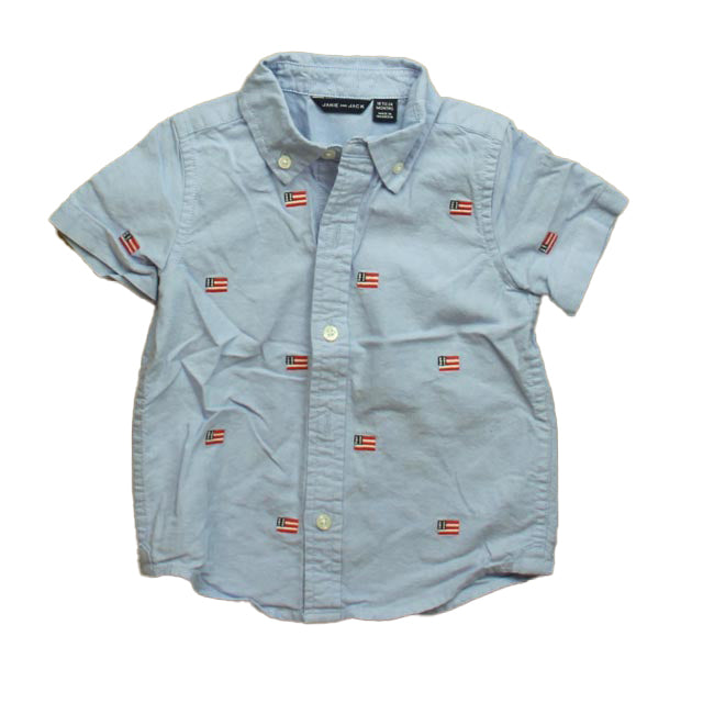 Janie and Jack Boys Blue Flags Button Down Short Sleeve Size: 18-24 Months