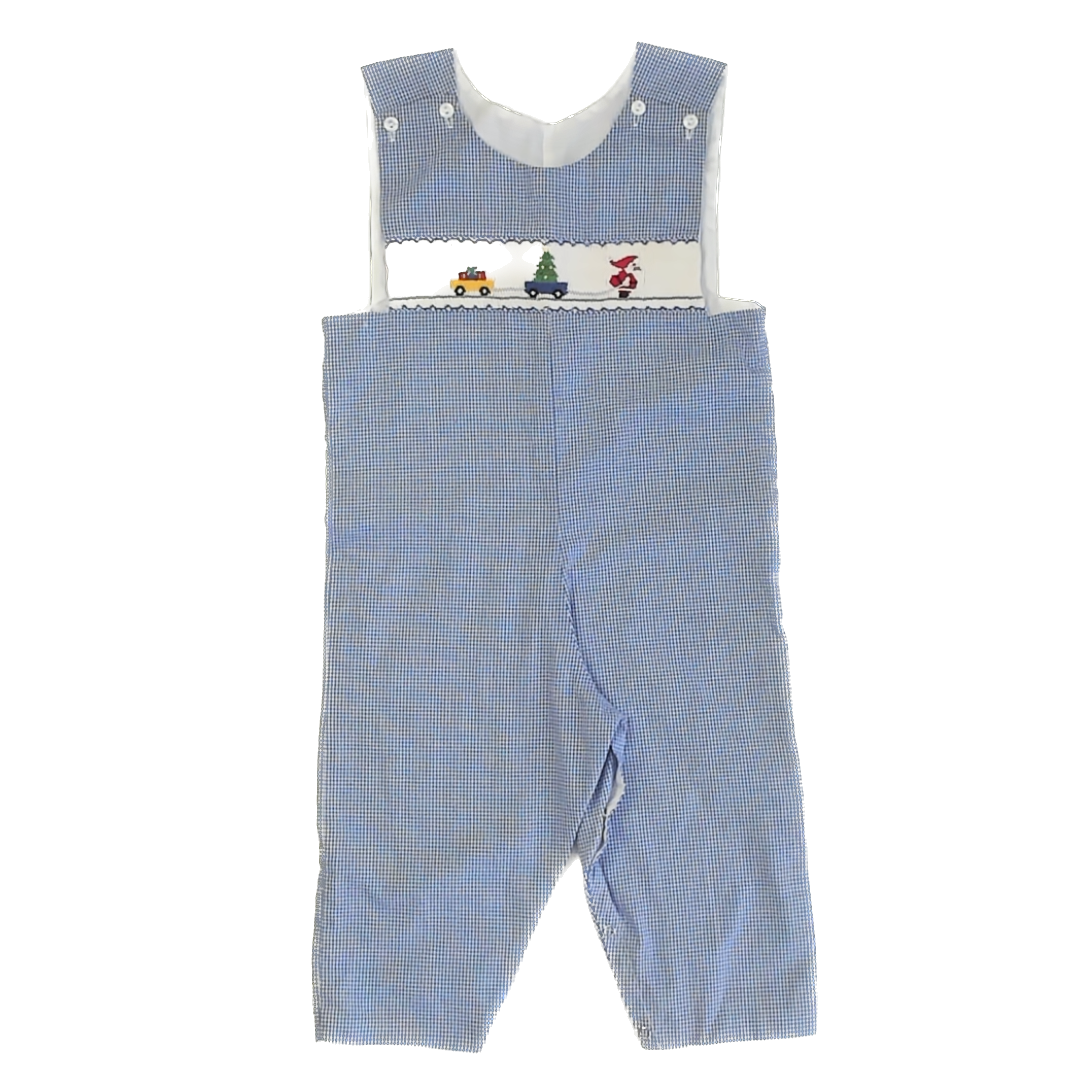Be Mine Boys Blue Gingham Santa Smocked Romper Size: 3T Blue Gingham Santa Smocked