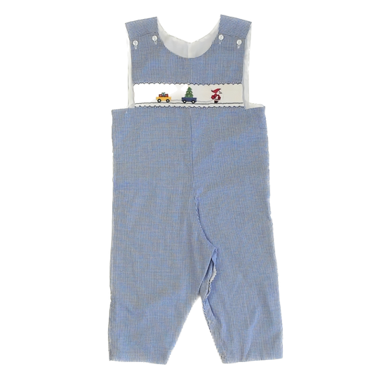 Be Mine Boys Blue Gingham Santa Smocked Romper Size: 3T Blue Gingham Santa Smocked