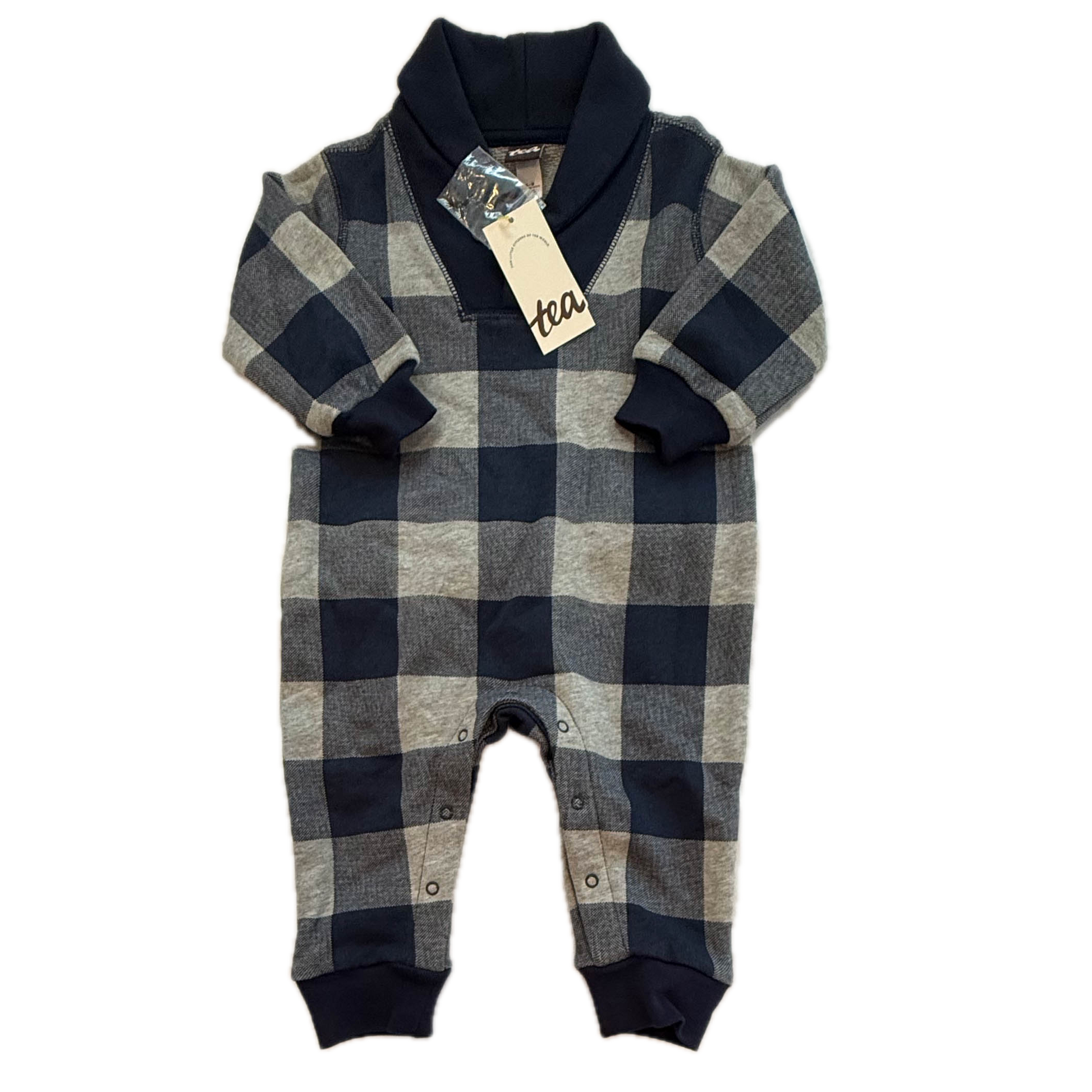 Tea Collection Boys Blue | Gray Plaid Romper Size: 6-9 Months Blue | Gray Plaid