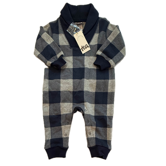 Tea Collection Boys Blue | Gray Plaid Romper Size: 6-9 Months Blue | Gray Plaid