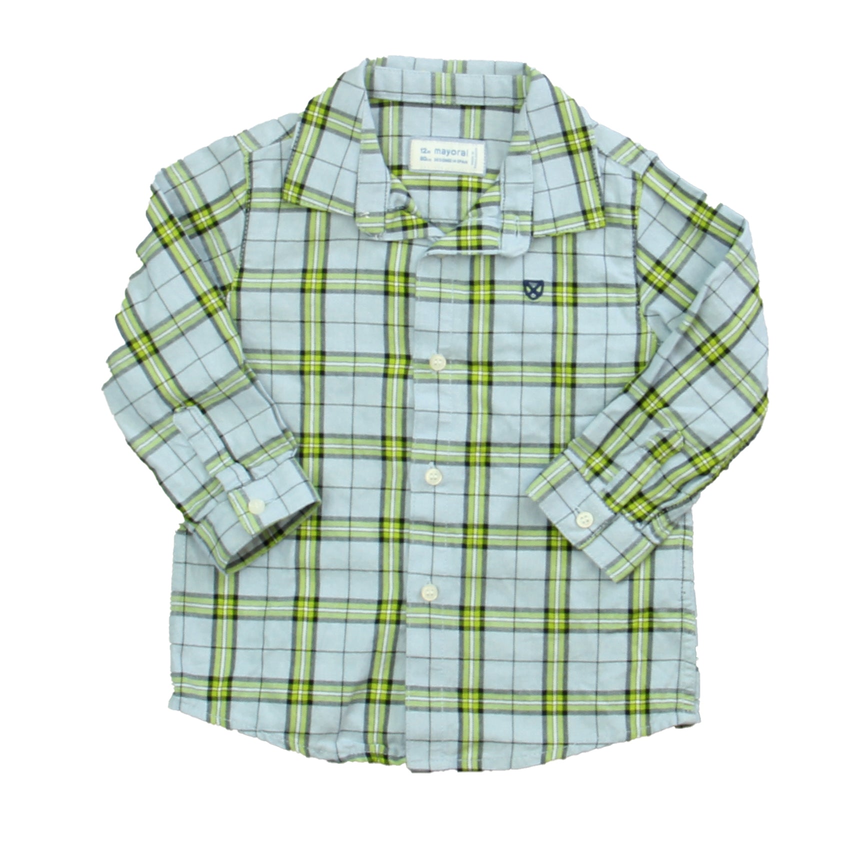 Mayoral Boys Blue | Green Plaid Button Down Long Sleeve Size: 12 Months Blue | Green Plaid