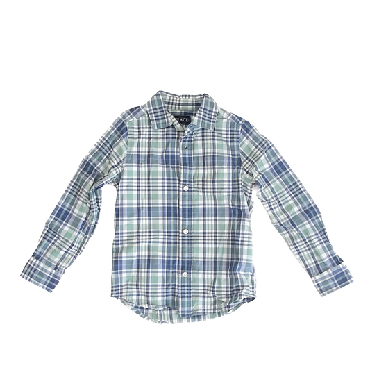 Children's Place Boys Blue Green Plaid Button Down Long Sleeve Size: S (5/6) Blue Green Plaid