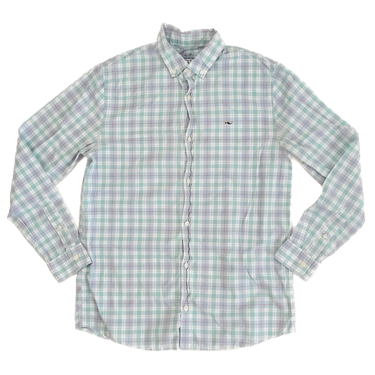 Vineyard Vines Boys Blue | Green Plaid Button Down Long Sleeve Size: 18 Years Blue | Green Plaid