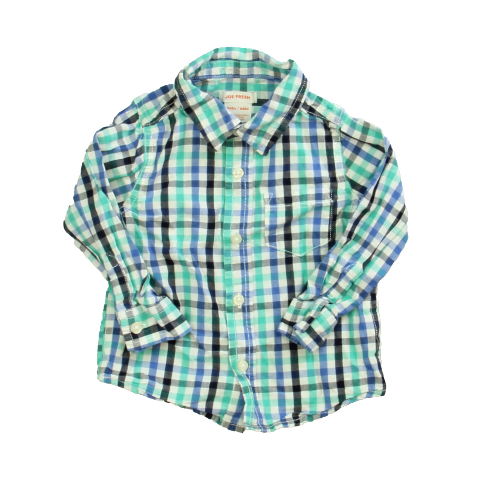 Joe Fresh Boys Blue | Green Plaid Button Down Long Sleeve Size: 12 - 18 Months Blue | Green Plaid