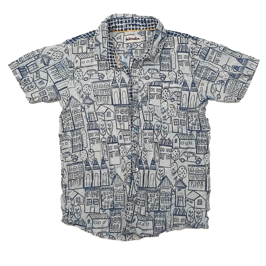 FabIndia Boys Blue | Ivory Button Down Short Sleeve Size: 10-12 Years Blue | Ivory