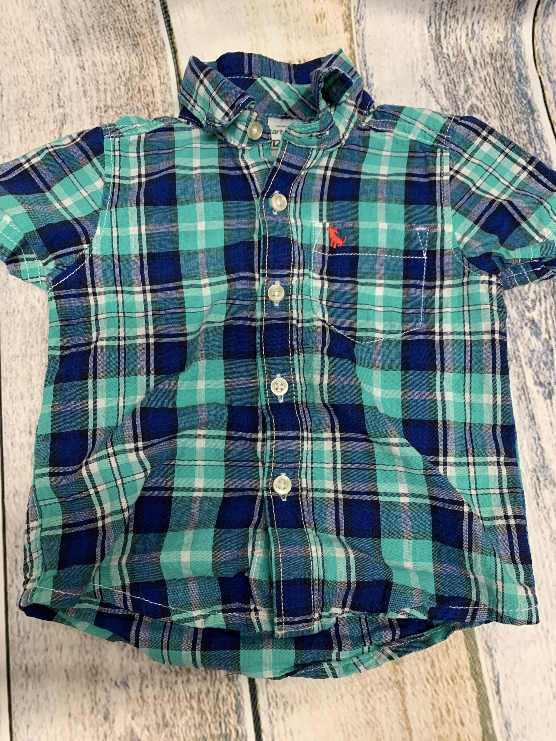 Carters Boys Blue | light green | plaid Button Down Short Sleeve Size: 12M Blue | light green | plaid