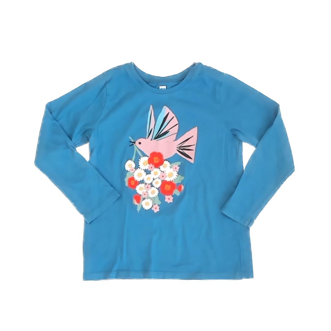 Tea Collection Girls Blue | Pink Dove Flowers Long Sleeve Shirt Size: 6 Years Blue | Pink Dove Flowers