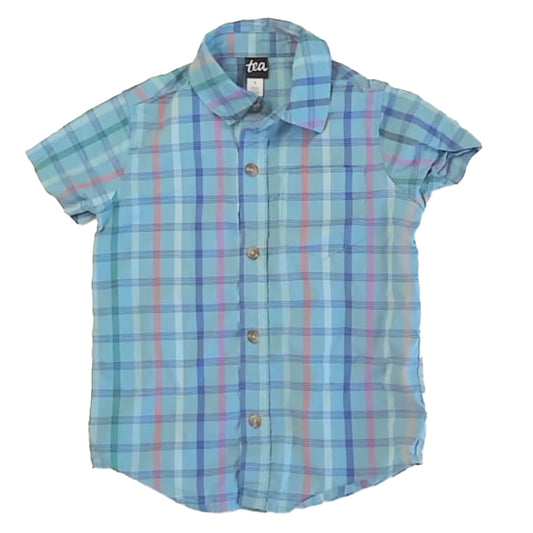Tea Collection Boys Blue Plaid Button Down Short Sleeve Size: 4T Blue Plaid