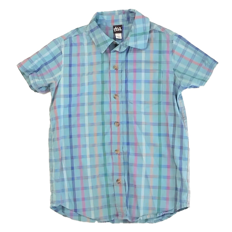 Tea Collection Boys Blue Plaid Button Down Short Sleeve Size: 7 Years Blue Plaid