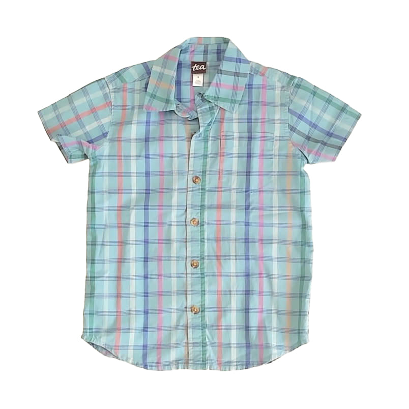 Tea Collection Boys Blue Plaid Button Down Short Sleeve Size: 5T Blue Plaid