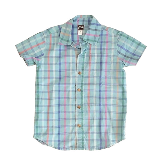 Tea Collection Boys Blue Plaid Button Down Short Sleeve Size: 5T Blue Plaid