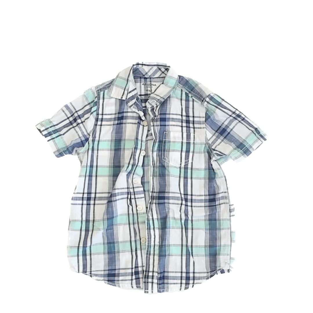 Arizona Boys Blue Plaid Button Down Short Sleeve Size: XS 6-7 Blue Plaid