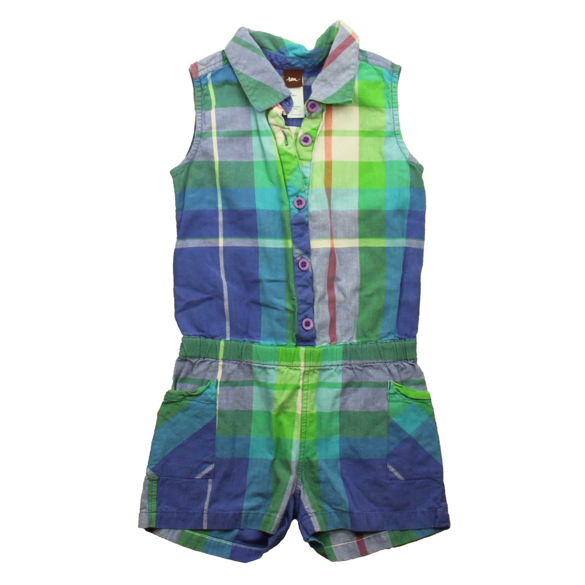 Tea Collection Girls Blue Plaid Romper Size: 4T Blue Plaid