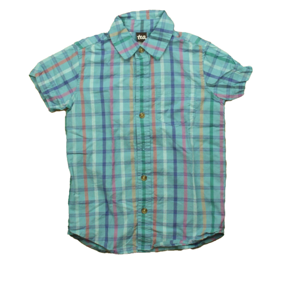Tea Collection Boys Blue Plaid Button Down Short Sleeve Size: 5T Blue Plaid