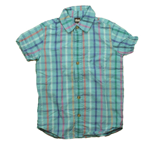 Tea Collection Boys Blue Plaid Button Down Short Sleeve Size: 5T Blue Plaid