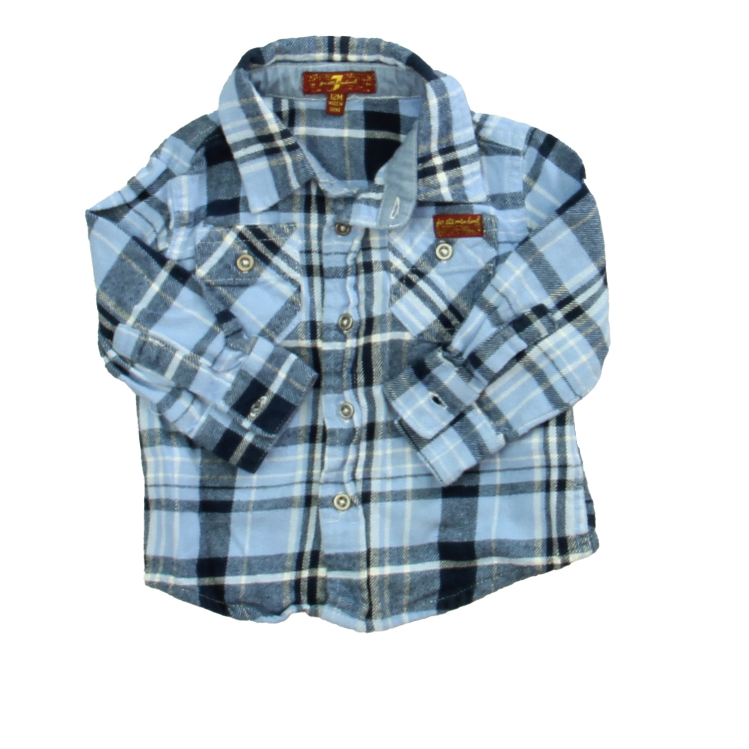 7 for all Mankind Boys Blue Plaid Button Down Long Sleeve Size: 12 Months Blue Plaid