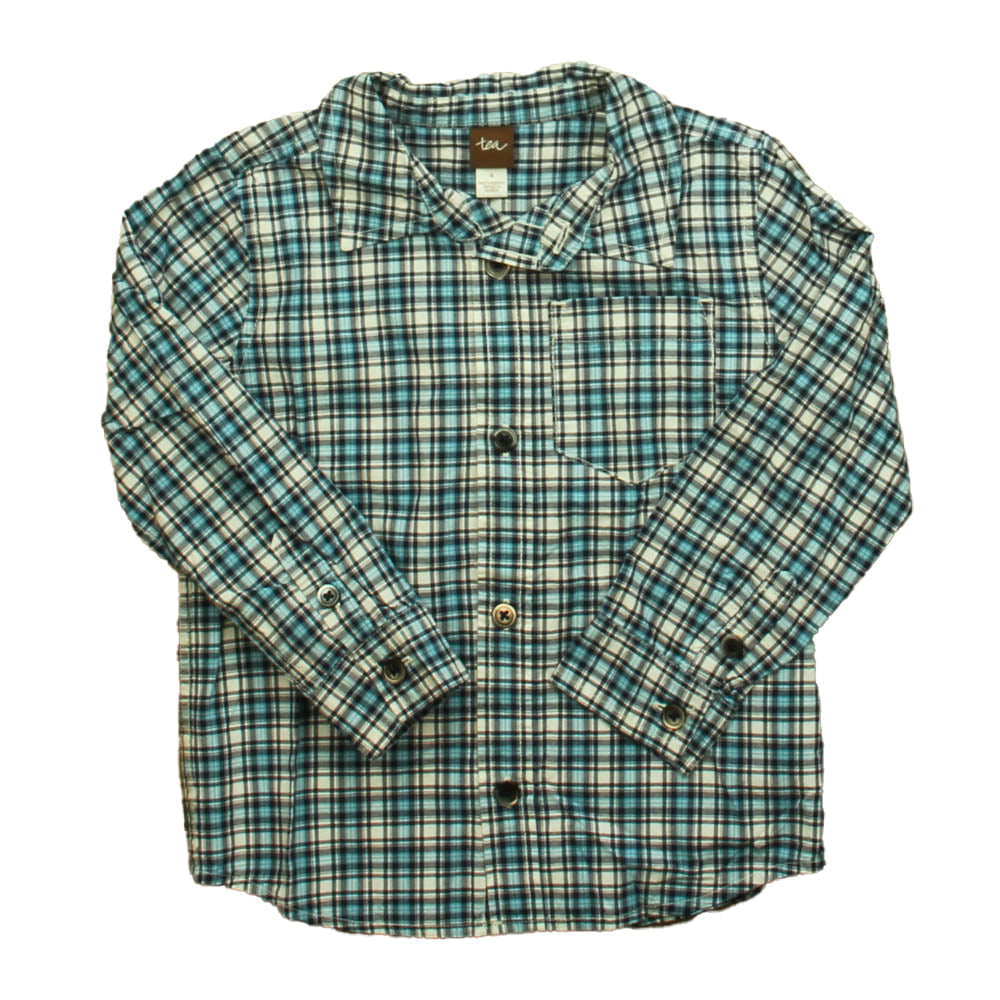 Tea Boys Blue Plaid Button Down Long Sleeve Size: 4T Blue Plaid
