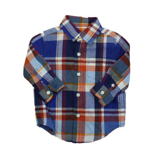 Janie and Jack Boys Blue | Red Plaid Button Down Long Sleeve Size: 3-6 Months Blue | Red Plaid