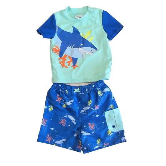Berkley Jensen Boys Blue Sharks 2-piece Swimsuit Size: 2T Blue Sharks