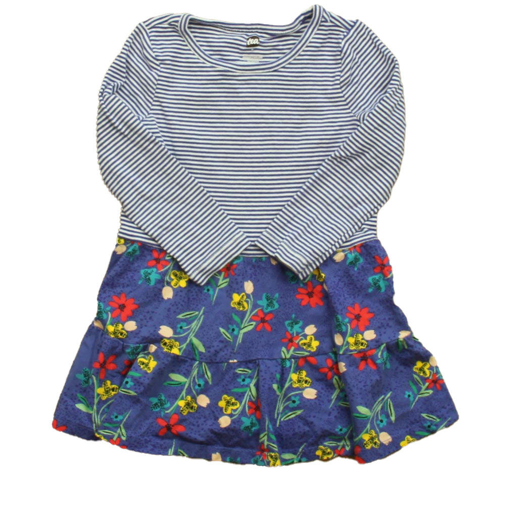 Tea Collection Girls Blue Stripe Floral Dress Size: 3T Blue Stripe Floral
