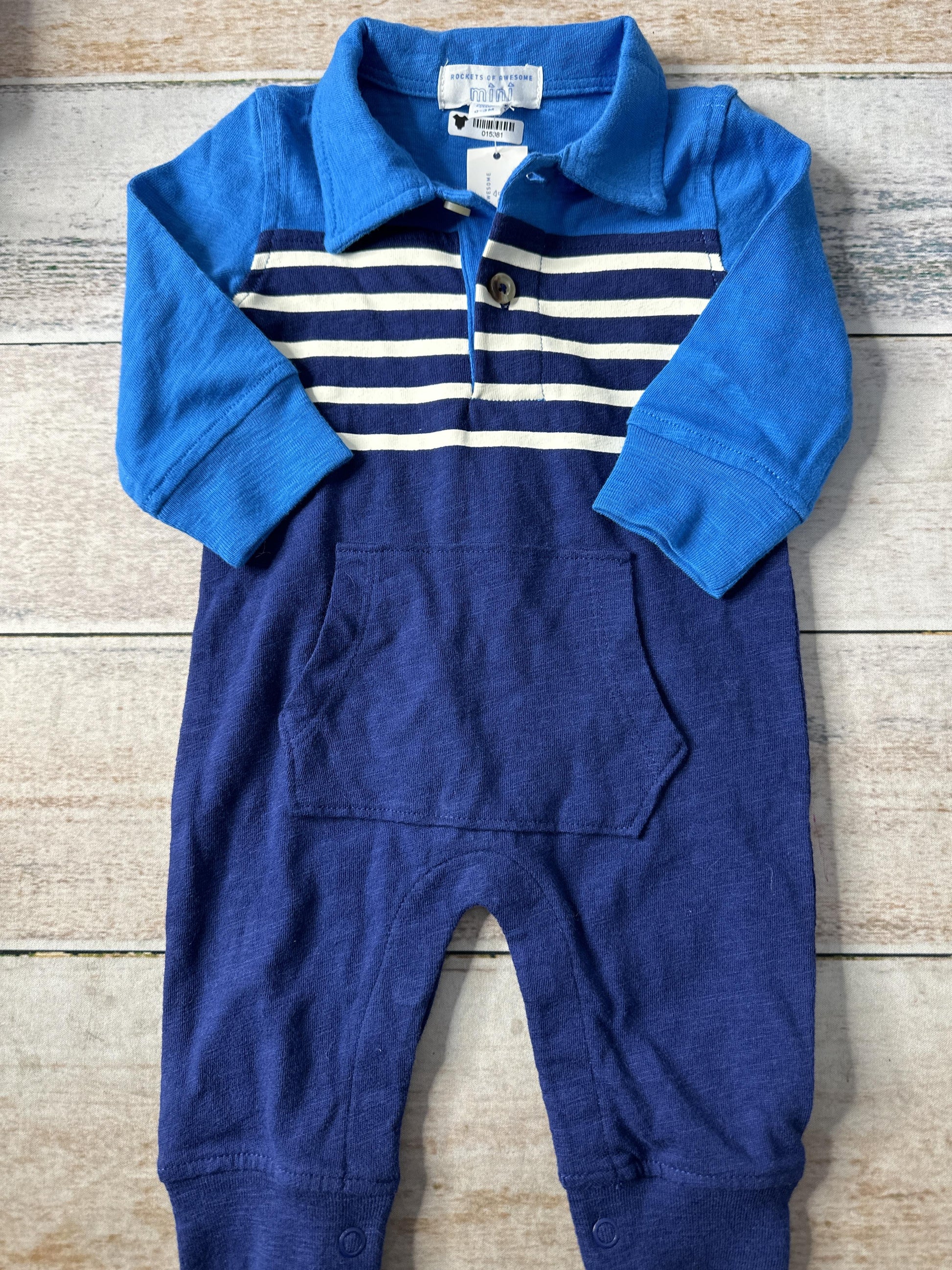 Rockets of Awesome Boys Blue | Striped Long Sleeve Outfit Size: 0-3 months Blue | Striped