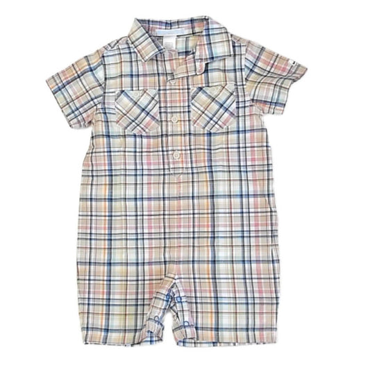 Janie and Jack Boys Blue | Tan Plaid Romper Size: 6-12 Months Blue | Tan Plaid