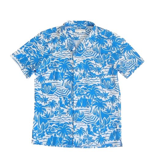Vintage Summer Boys Blue Tropical Button Down Short Sleeve Size: 14 Years Blue Tropical